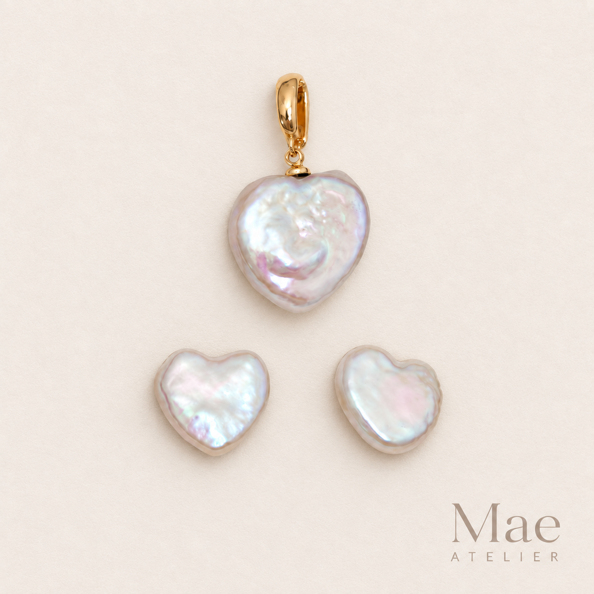 Close-up of natural heart pearl studs, 12-14mm