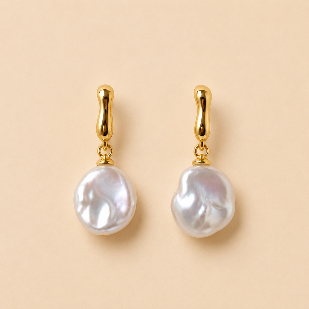 Minimalist Keshi Pearl Drop Earrings – Sculptural Gold Top, Top-Grade Luster