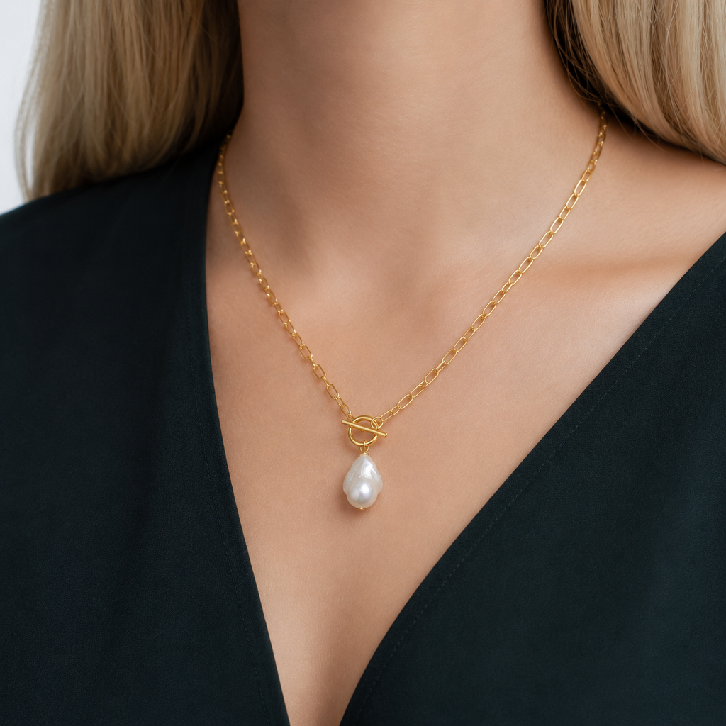 Aurora Baroque Pearl Pendant Necklace | Gold Paperclip Chain, Toggle Clasp