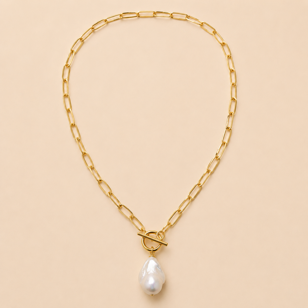 Aurora Baroque Pearl Pendant Necklace | Gold Paperclip Chain, Toggle Clasp