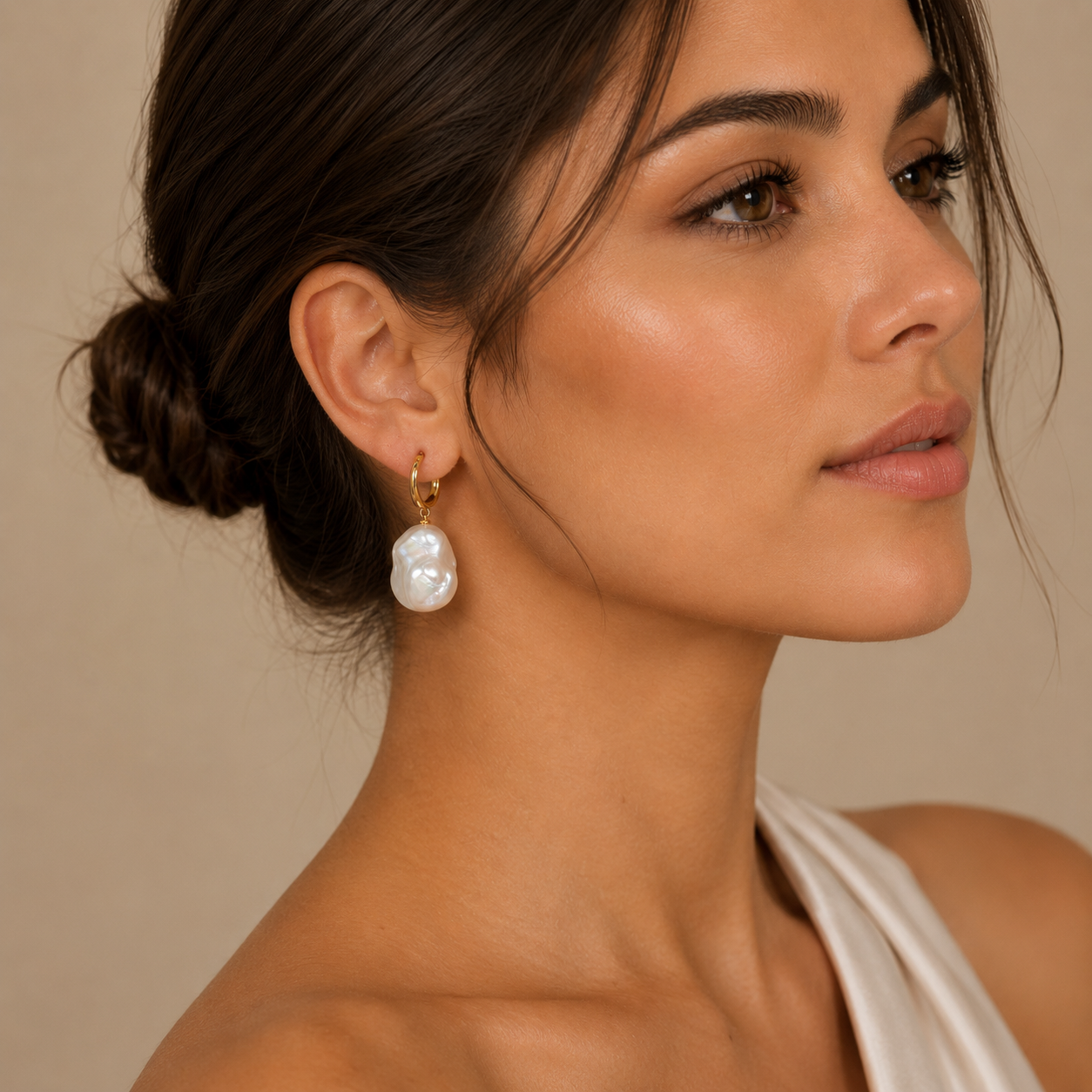 Baroque Pearl Drop Hoop Earrings – Gold Huggies, Large Iridescent Pearls