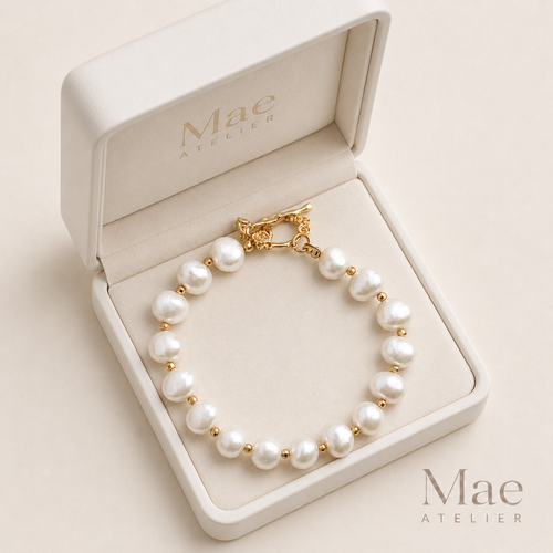 Keshi pearls worn as a bracelet