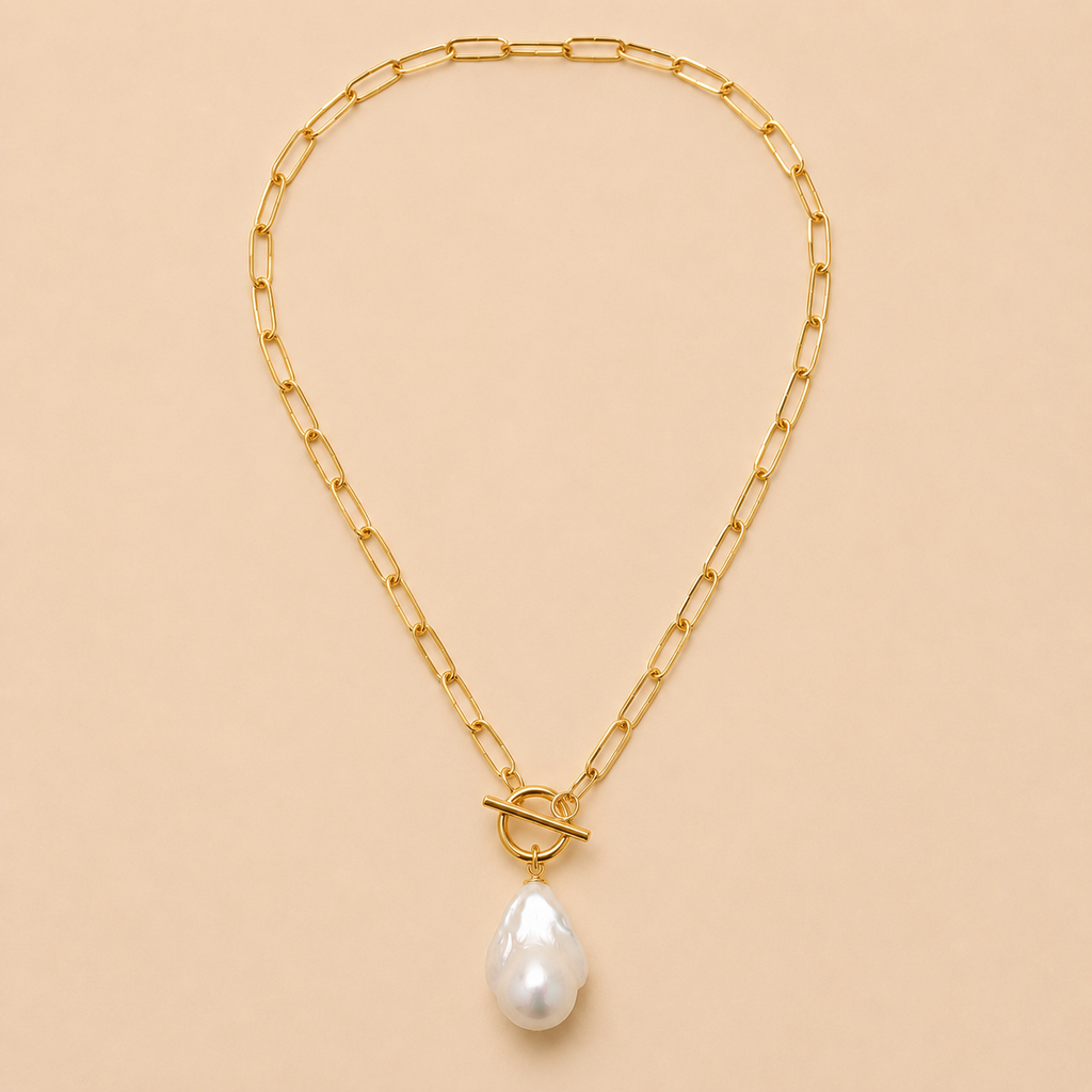 Aurora Baroque Pearl Pendant Necklace | Gold Paperclip Chain, Toggle Clasp