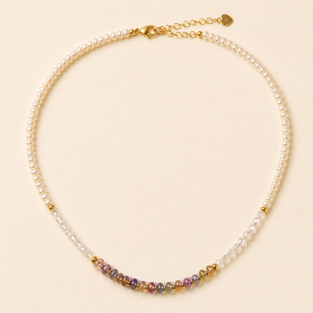 Summer Beach Pearl Necklace with Rainbow Glass Beads, Aurora Freshwater Pearls