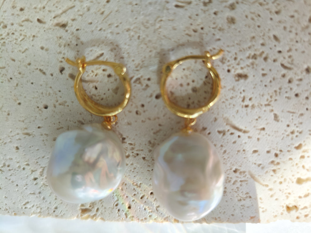 Baroque Pearl Drop Hoop Earrings – Gold Huggies, Large Iridescent Pearls