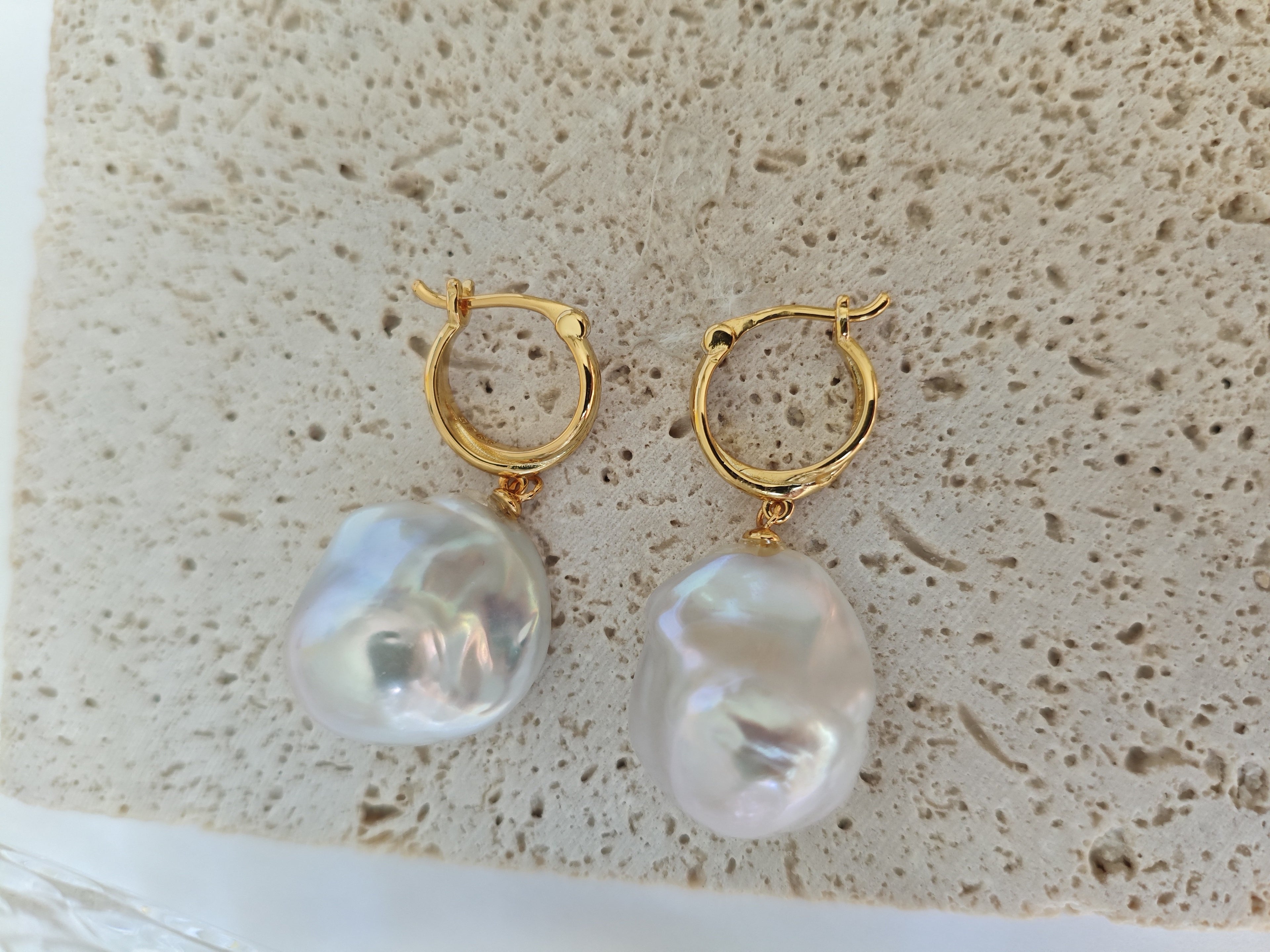 Baroque Pearl Drop Hoop Earrings – Gold Huggies, Large Iridescent Pearls