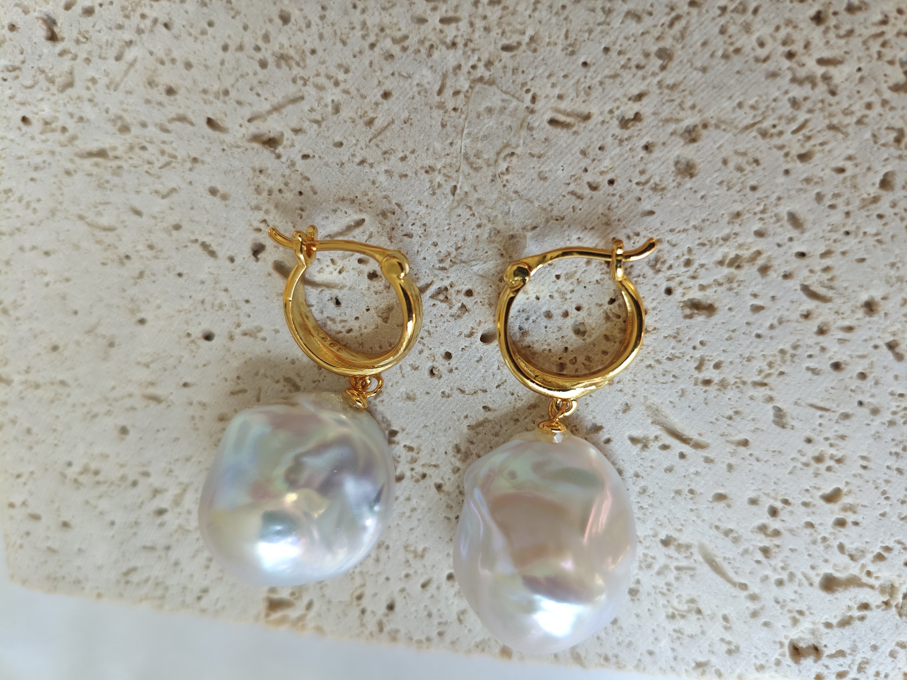 Baroque Pearl Drop Hoop Earrings – Gold Huggies, Large Iridescent Pearls
