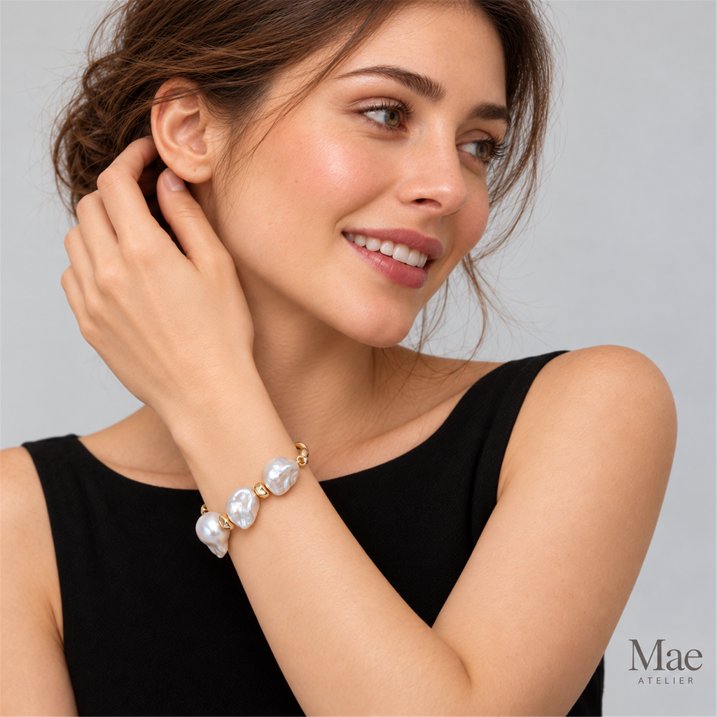Aurora Wave Baroque Pearl Bracelet | Sculptural 18K Gold-Plated, Adjustable — model wearing the jewelry