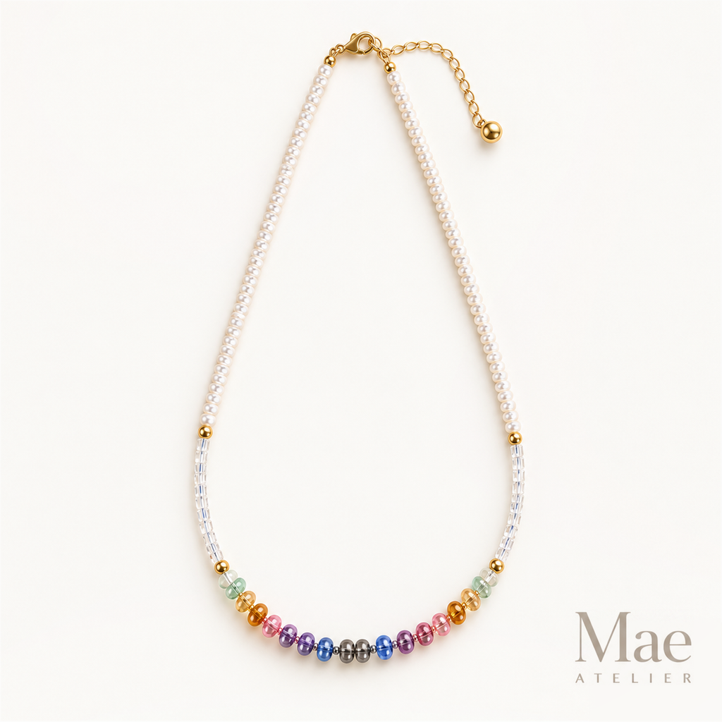 Beach Pearl Necklace with Rainbow Glass Beads, Freshwater Pearls — hero view
