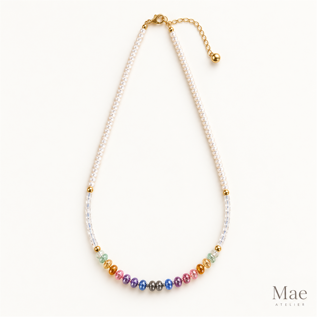 Beach Pearl Necklace with Rainbow Glass Beads, Freshwater Pearls — hero view
