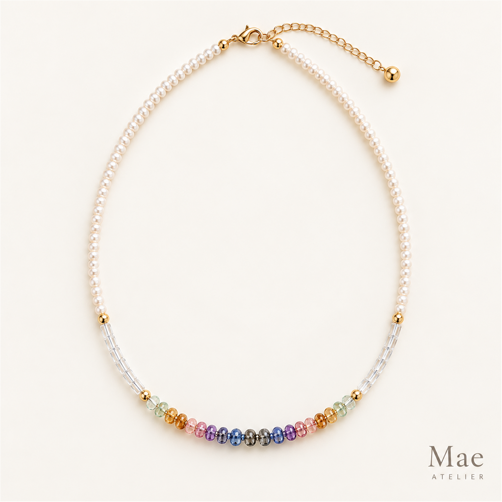 Beach Pearl Necklace with Rainbow Glass Beads, Freshwater Pearls — full product view