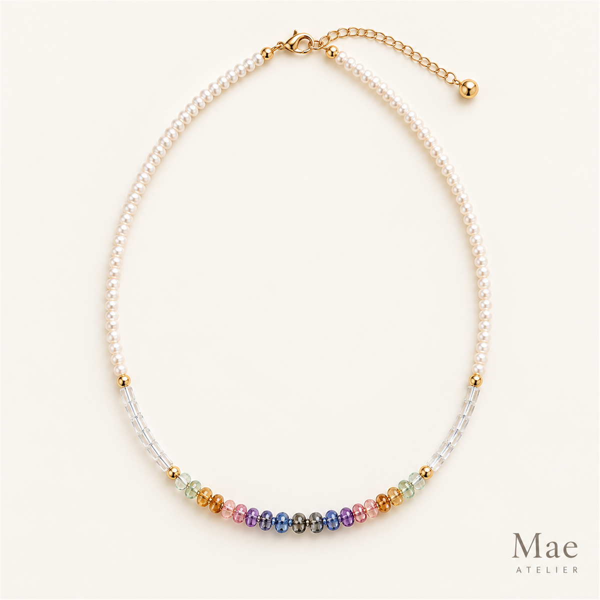 Beach Pearl Necklace with Rainbow Glass Beads, Freshwater Pearls — full product view