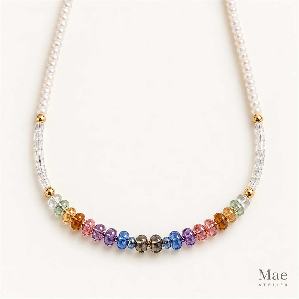 Beach Pearl Necklace with Rainbow Glass Beads, Freshwater Pearls — pearl detail