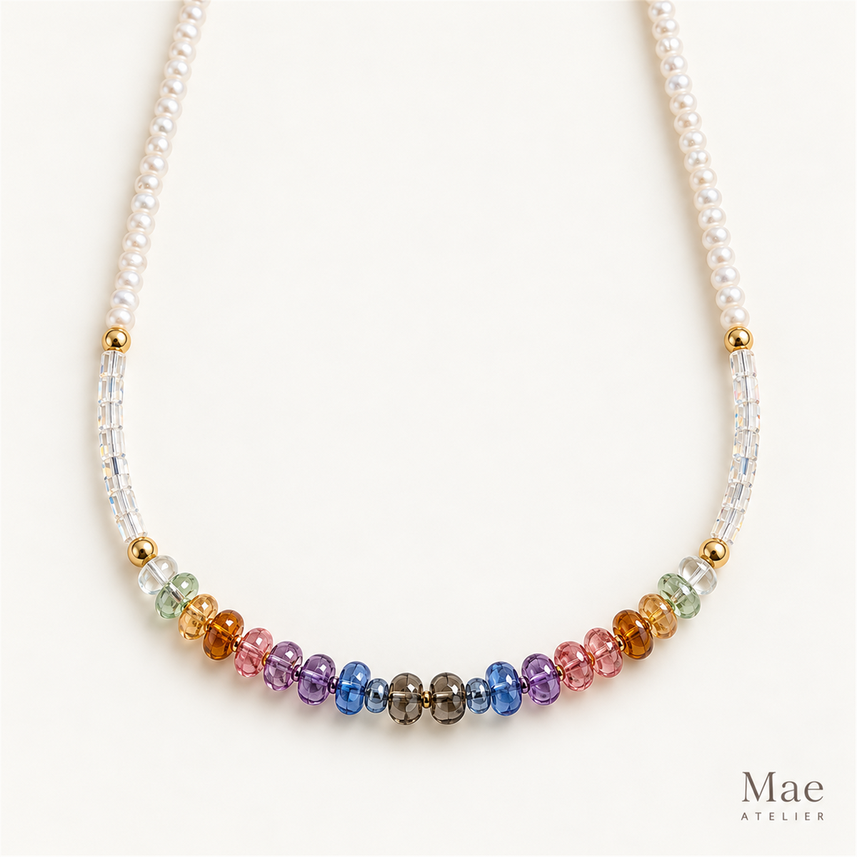 Beach Pearl Necklace with Rainbow Glass Beads, Freshwater Pearls — pearl detail