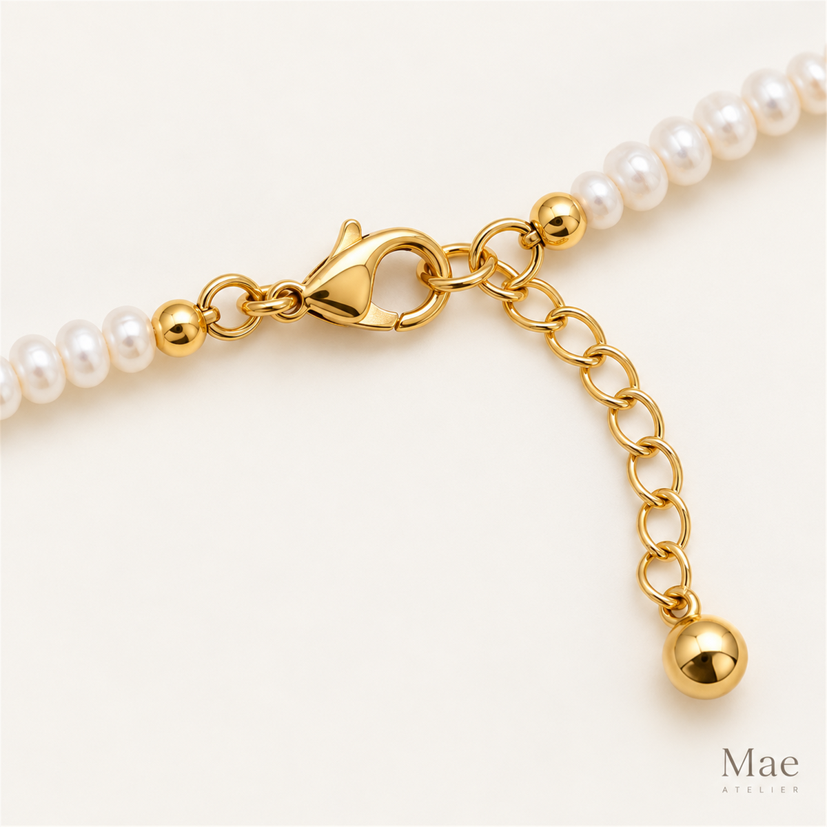 Beach Pearl Necklace with Rainbow Glass Beads, Freshwater Pearls — hardware detail