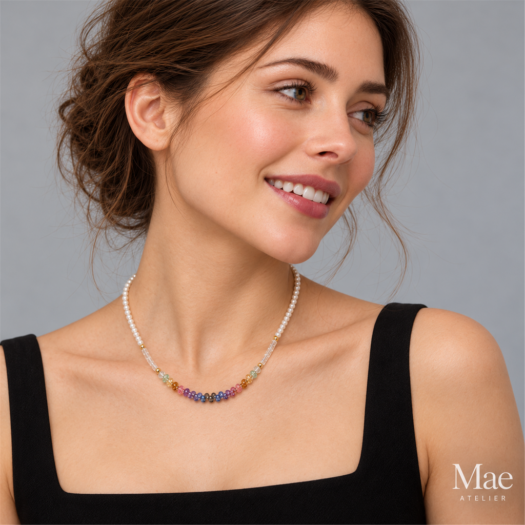 Beach Pearl Necklace with Rainbow Glass Beads, Freshwater Pearls — model wearing the jewelry