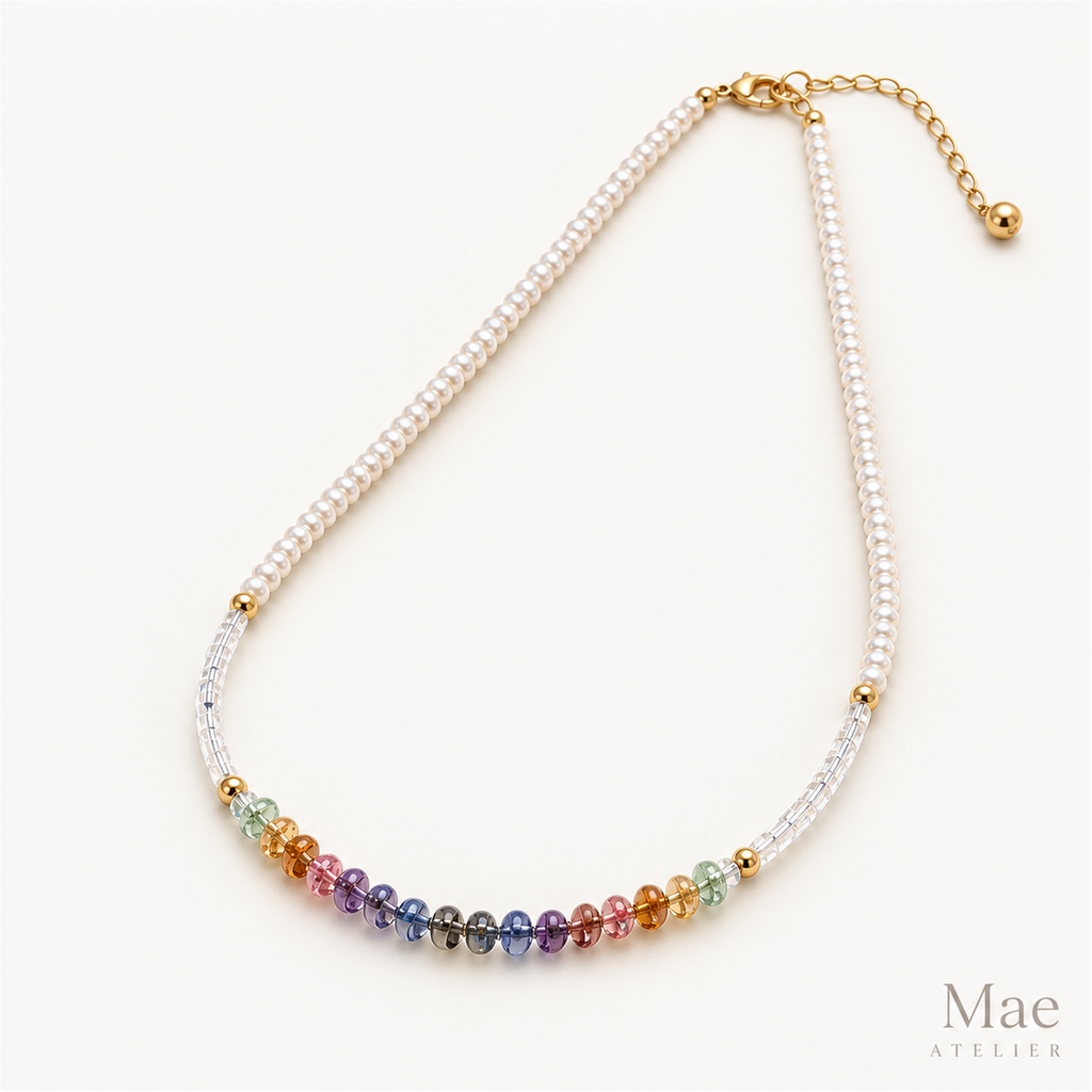 Beach Pearl Necklace with Rainbow Glass Beads, Freshwater Pearls — alternate angle