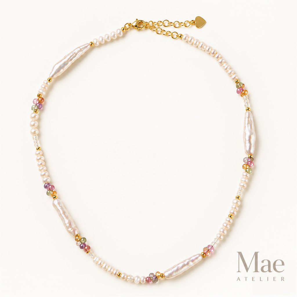 Biwa Pearl & Crystal Necklace | Stick Pearls, Colourful Beads — hero view