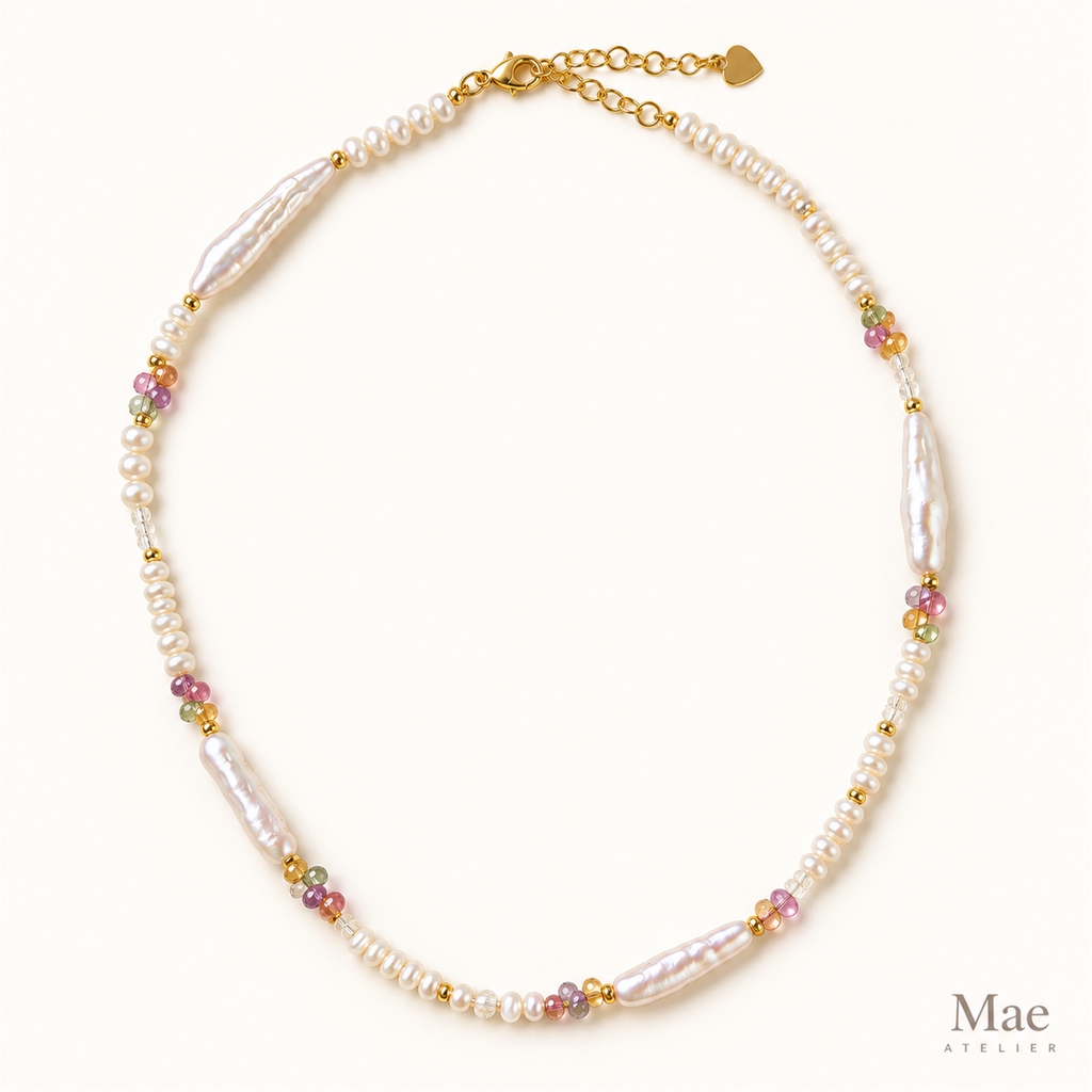 Biwa Pearl & Crystal Necklace | Stick Pearls, Colourful Beads — full product view