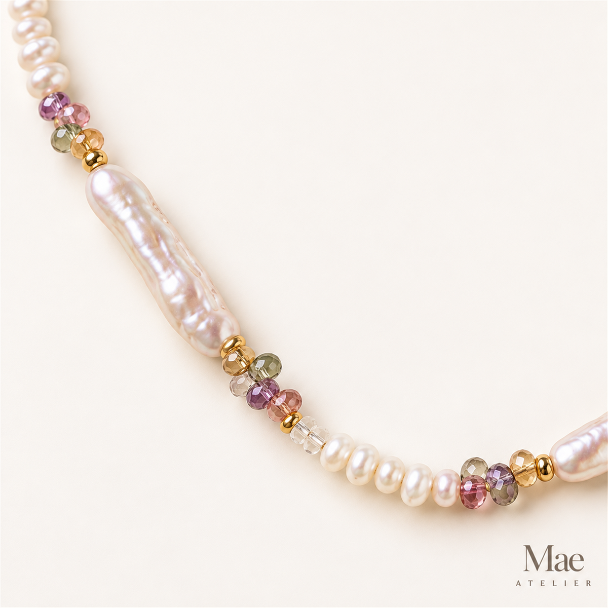 Biwa Pearl & Crystal Necklace | Stick Pearls, Colourful Beads — pearl detail