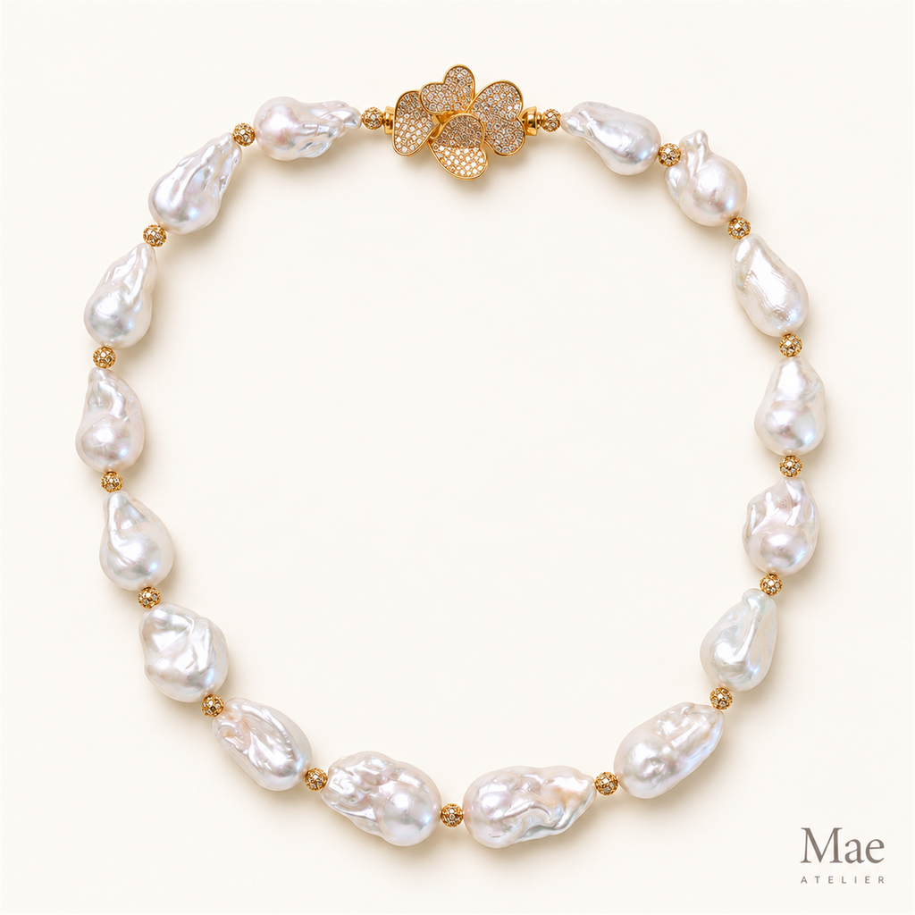 Statement Baroque Pearl Necklace – Large White Freshwater Pearls, Crystal Clasp — full product view