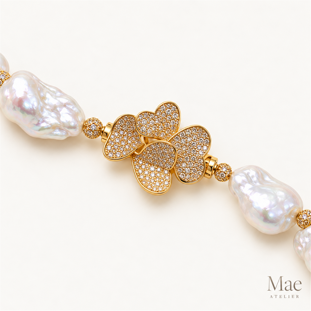 Statement Baroque Pearl Necklace – Large White Freshwater Pearls, Crystal Clasp — hardware detail
