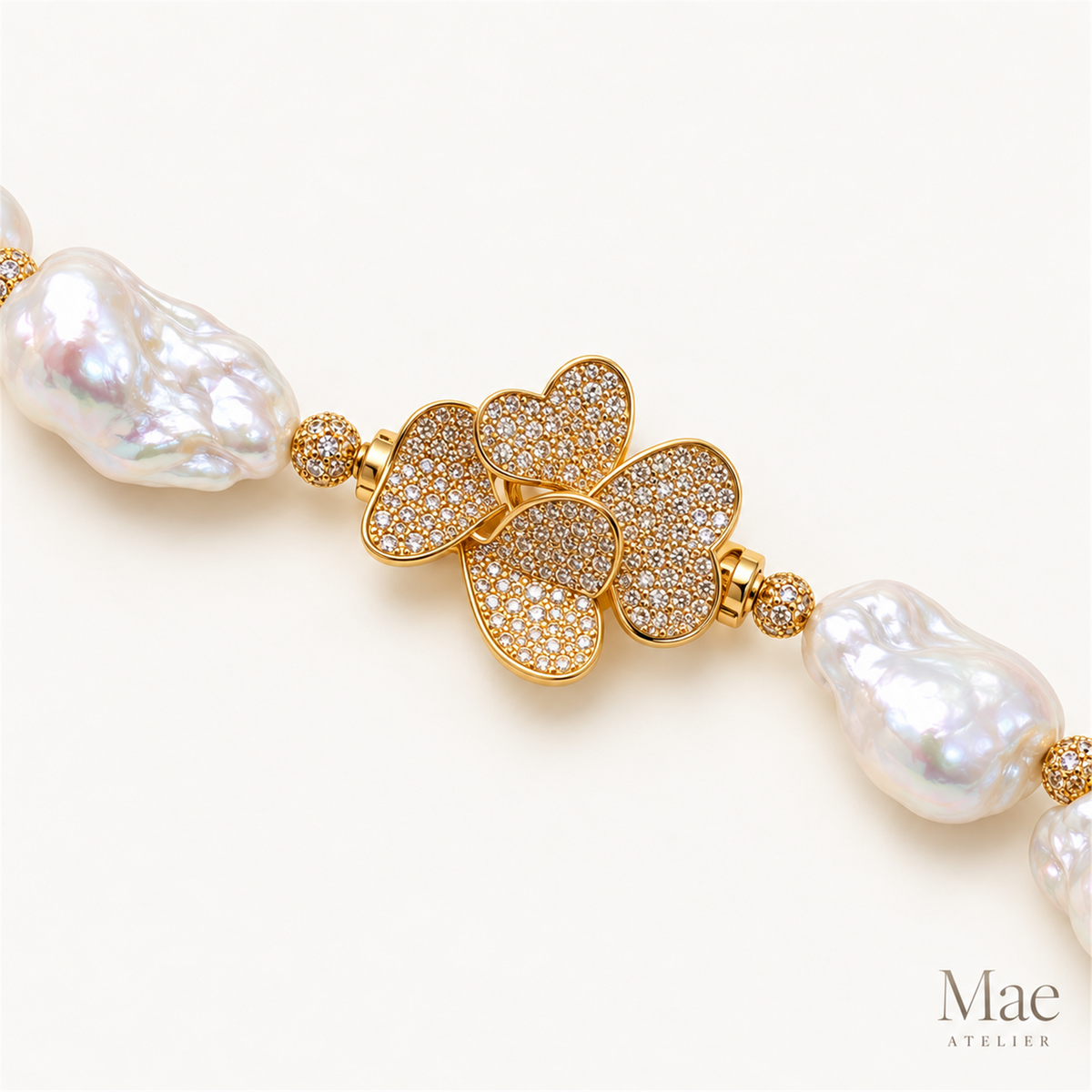 Statement Baroque Pearl Necklace – Large White Freshwater Pearls, Crystal Clasp — hardware detail