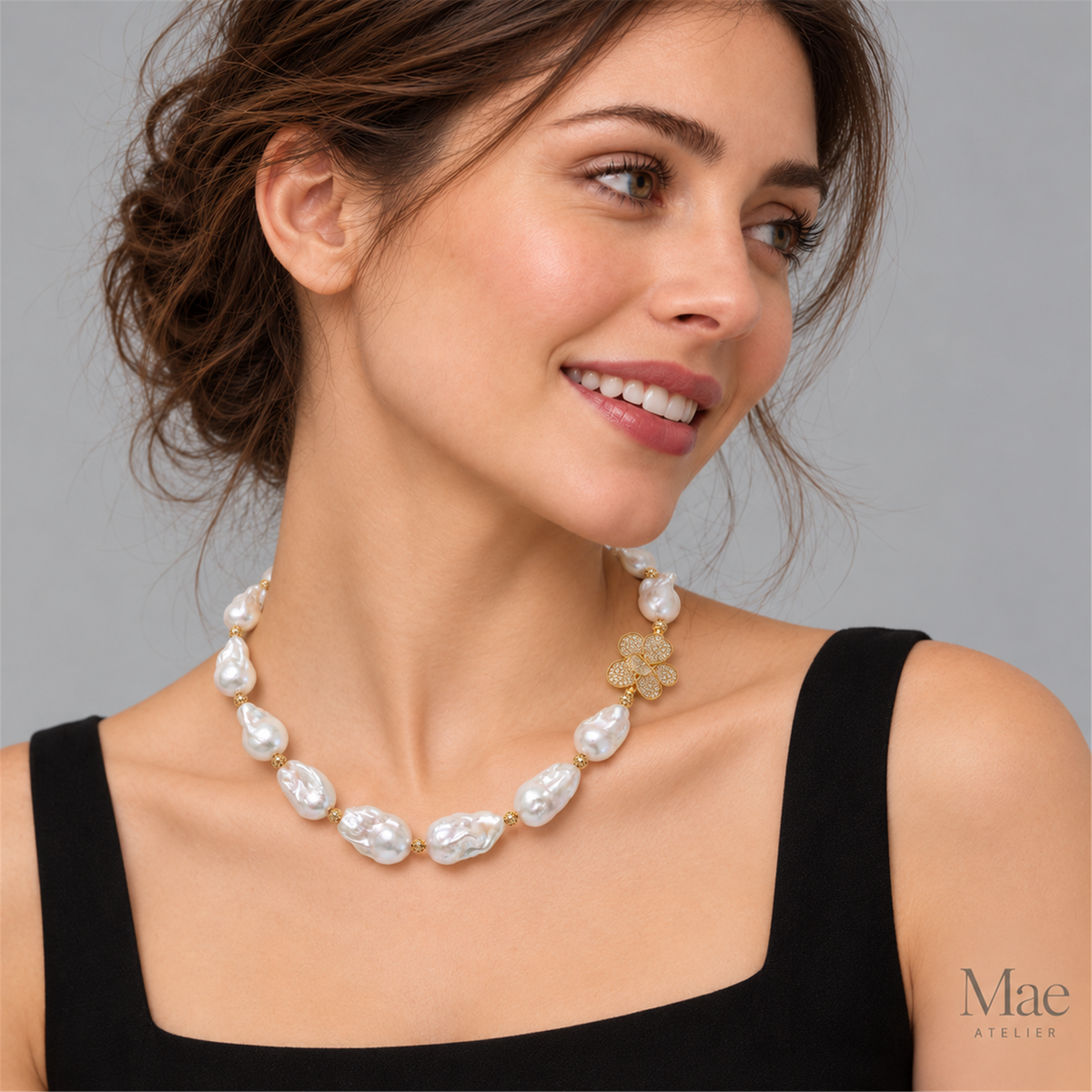 Statement Baroque Pearl Necklace – Large White Freshwater Pearls, Crystal Clasp — model wearing the jewelry