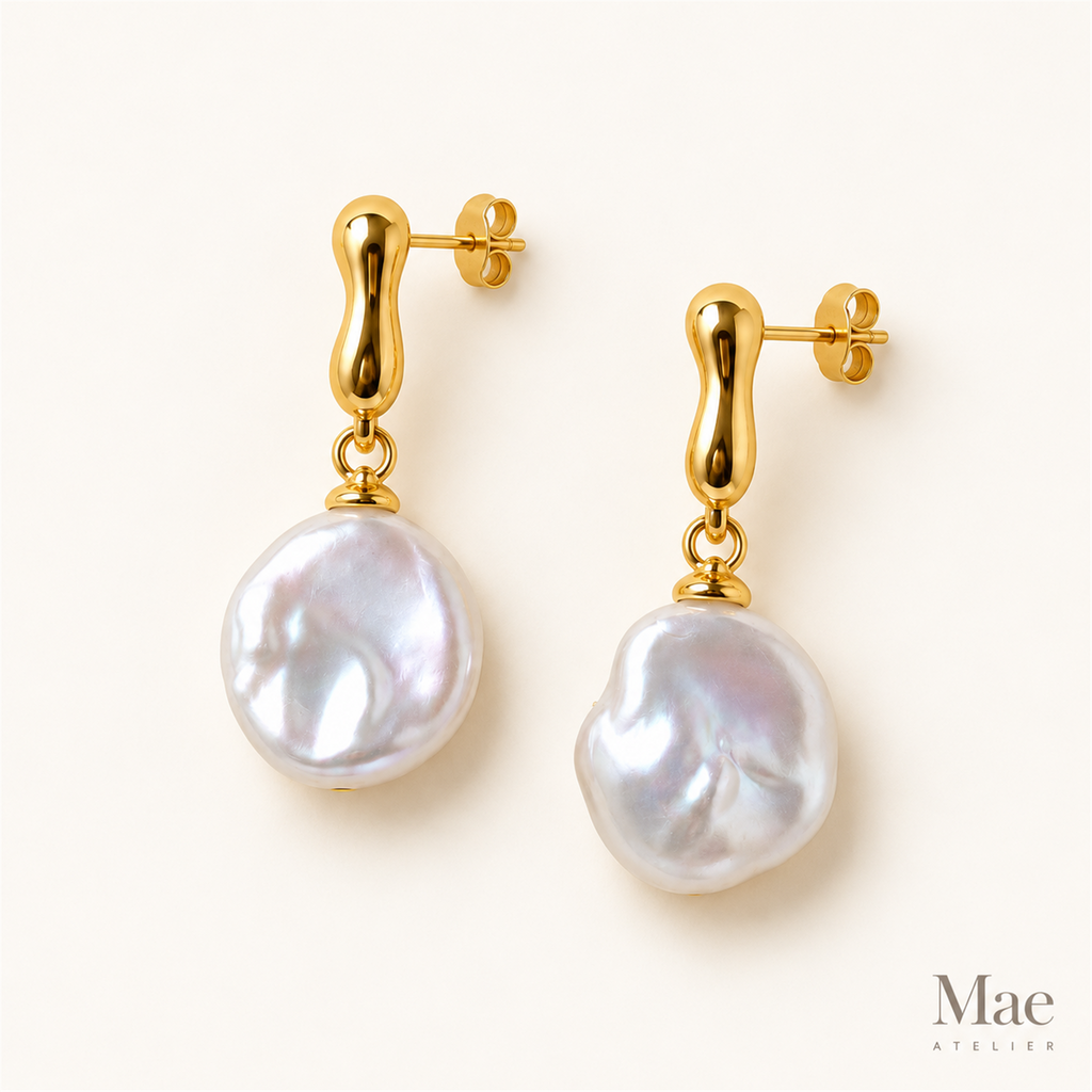 Minimalist Keshi Pearl Drop Earrings – Sculptural Gold Top, Top-Grade Luster — full product view