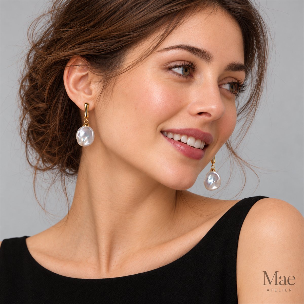 Minimalist Keshi Pearl Drop Earrings – Sculptural Gold Top, Top-Grade Luster — model wearing the jewelry