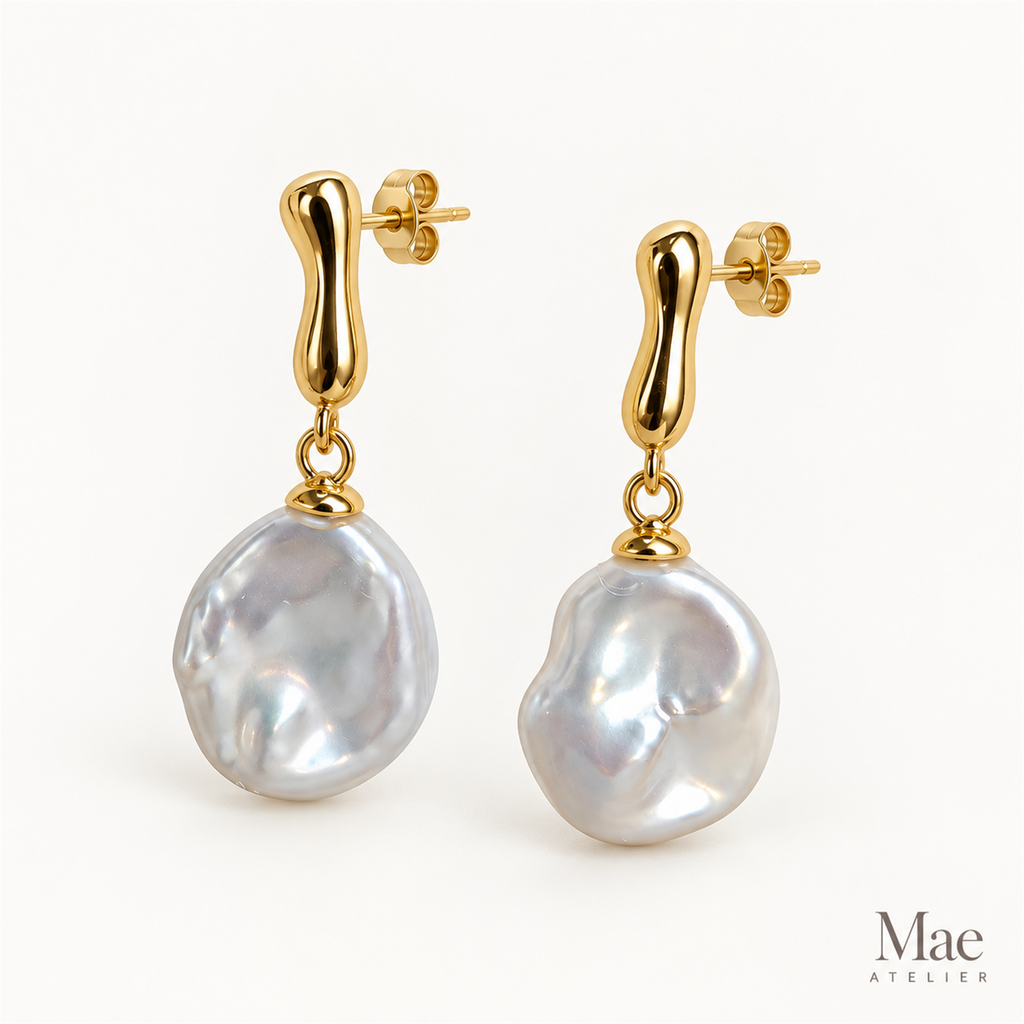 Minimalist Keshi Pearl Drop Earrings – Sculptural Gold Top, Top-Grade Luster — alternate angle
