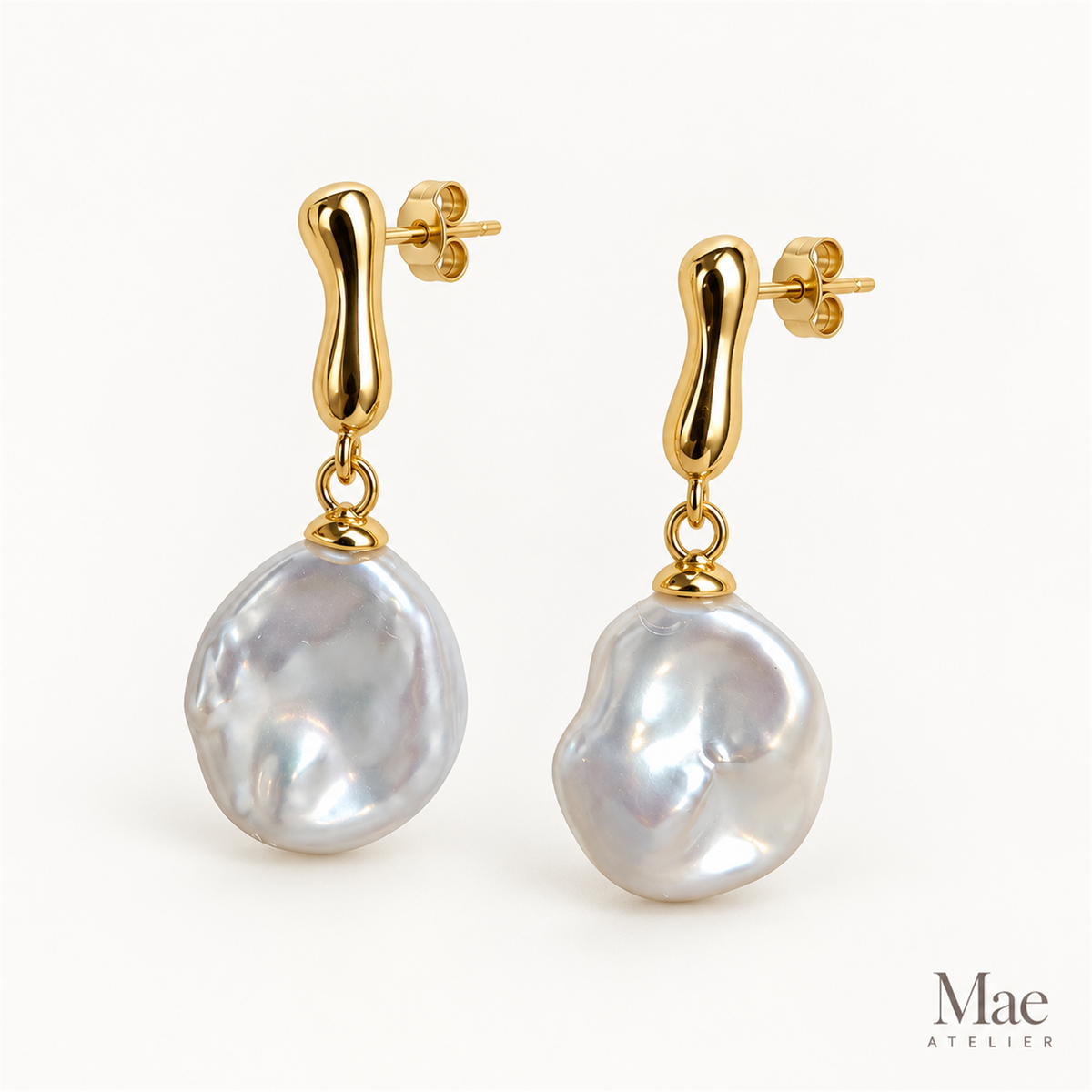 Minimalist Keshi Pearl Drop Earrings – Sculptural Gold Top, Top-Grade Luster — alternate angle