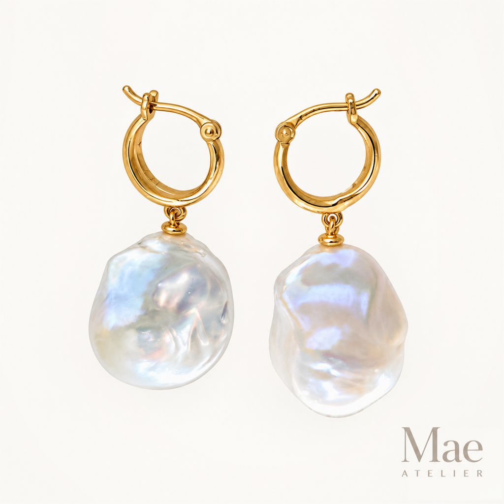 Baroque Pearl Drop Hoop Earrings – Gold Huggies, Large Iridescent Pearls — hero view