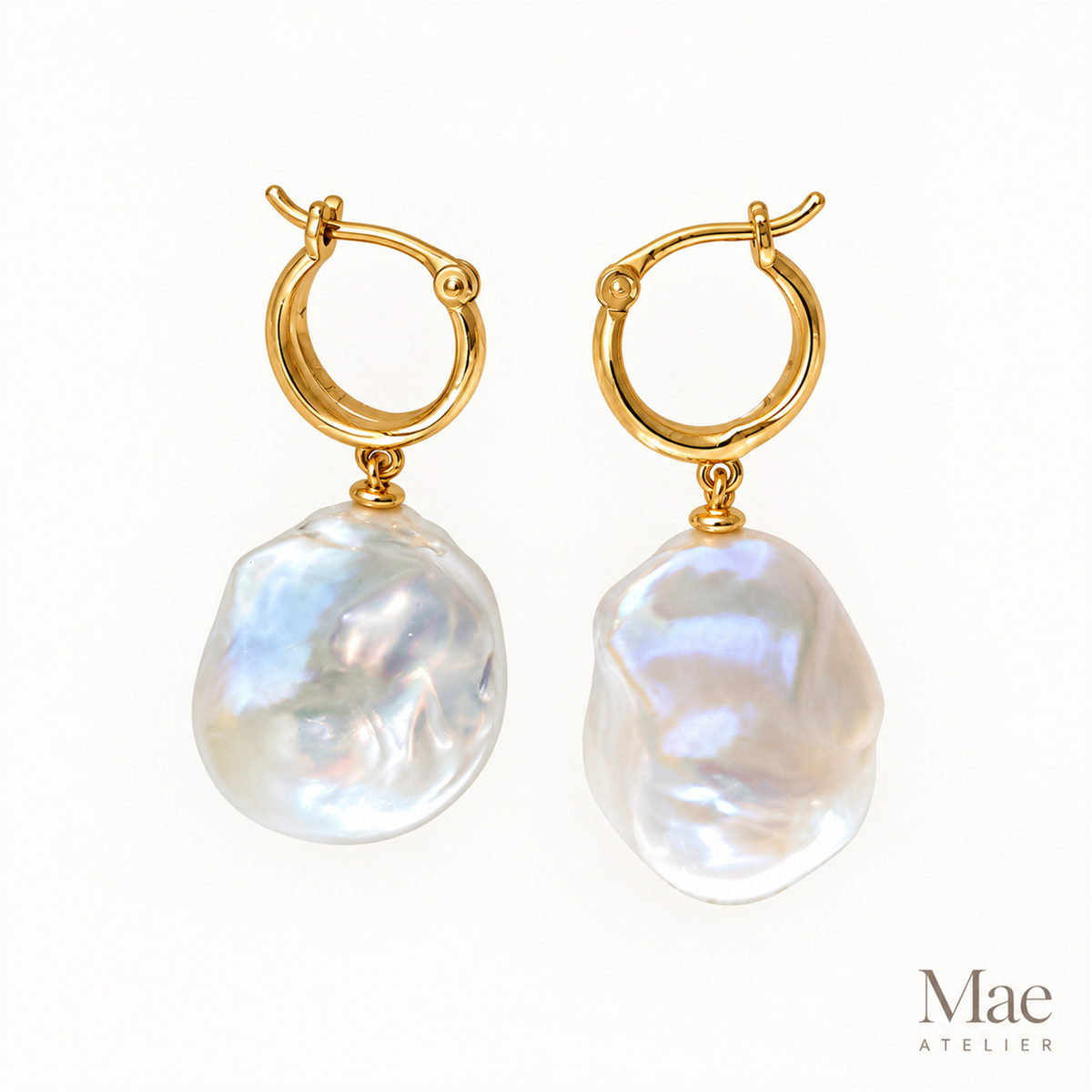 Baroque Pearl Drop Hoop Earrings – Gold Huggies, Large Iridescent Pearls — hero view