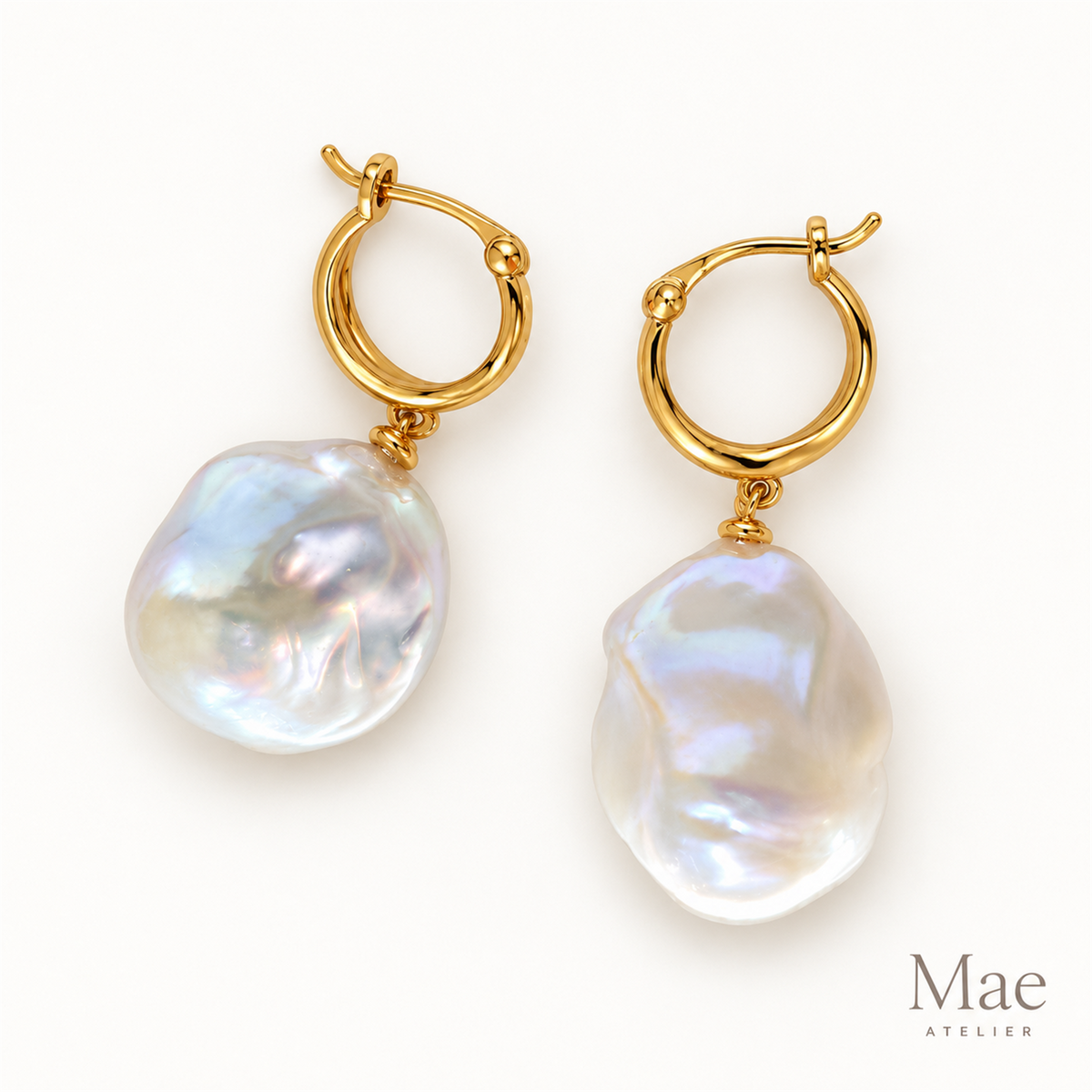Baroque Pearl Drop Hoop Earrings – Gold Huggies, Large Iridescent Pearls — full product view