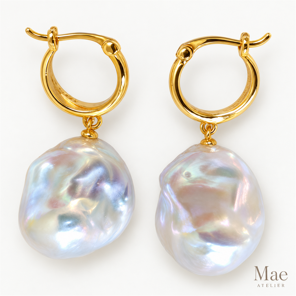 Baroque Pearl Drop Hoop Earrings – Gold Huggies, Large Iridescent Pearls — pearl detail