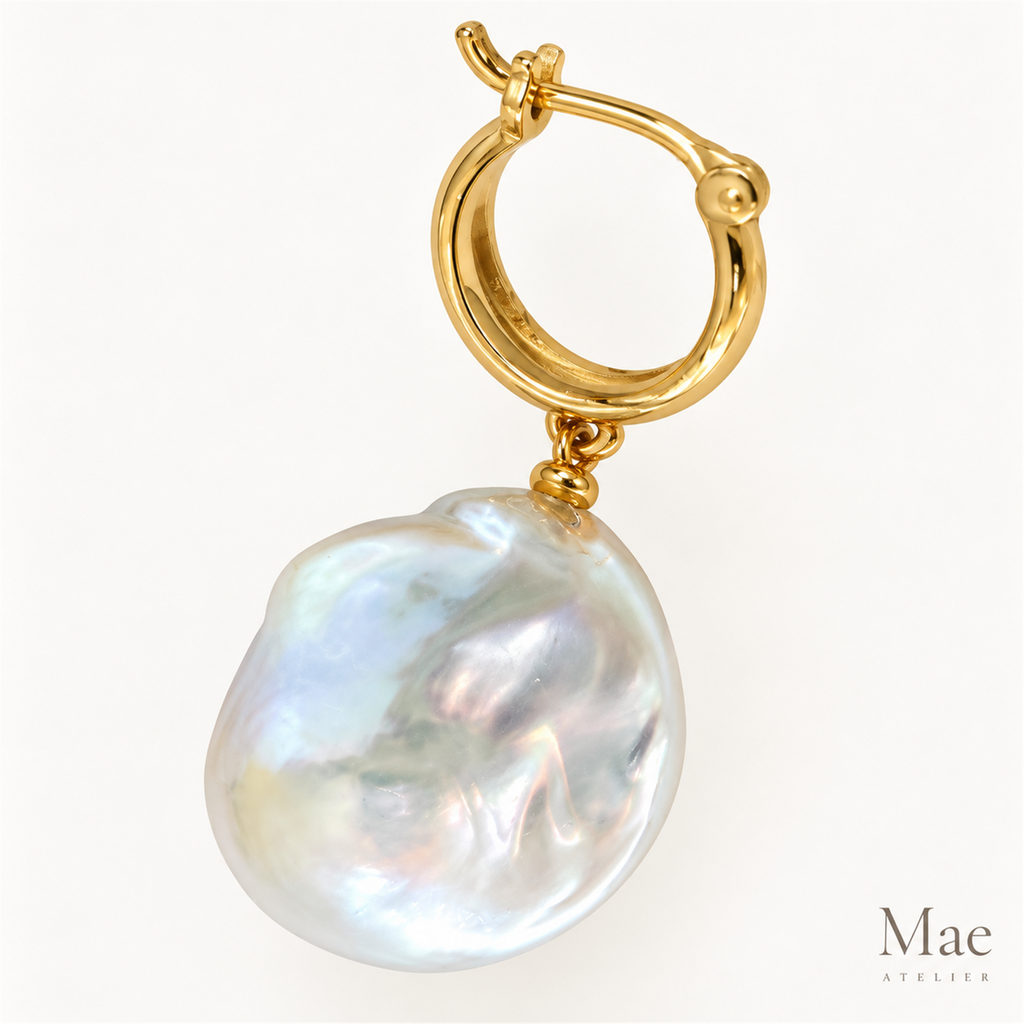 Baroque Pearl Drop Hoop Earrings – Gold Huggies, Large Iridescent Pearls — hardware detail