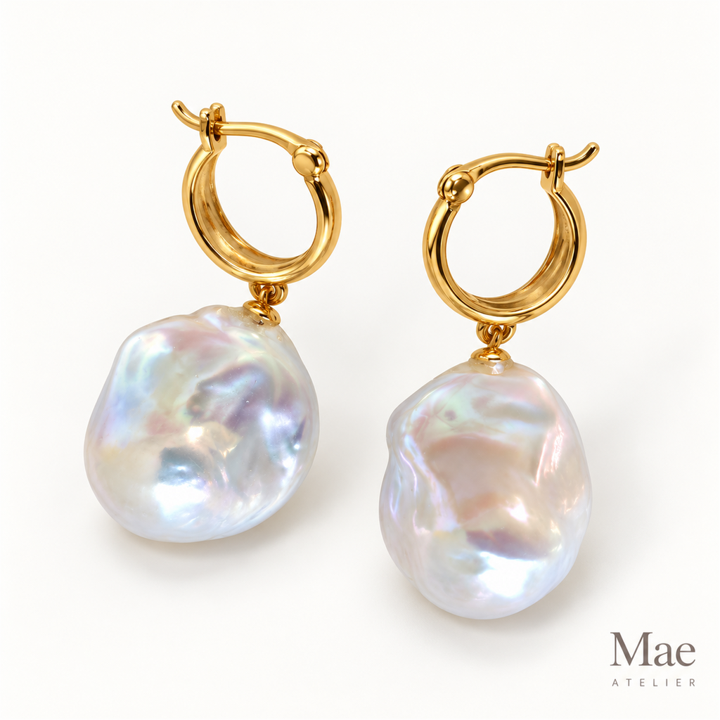 Baroque Pearl Drop Hoop Earrings – Gold Huggies, Large Iridescent Pearls — alternate angle