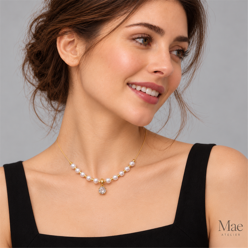 Freshwater Pearl Necklace, Gold Smile Pendant, Convertible Choker, 18k Gold-Plated Brass — model wearing the jewelry