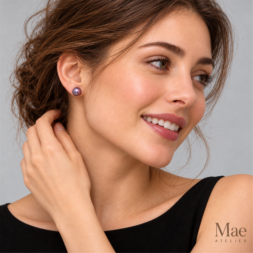 Natural Purple Edison Pearl Stud Earrings, 10-12mm Metallic — model wearing the jewelry