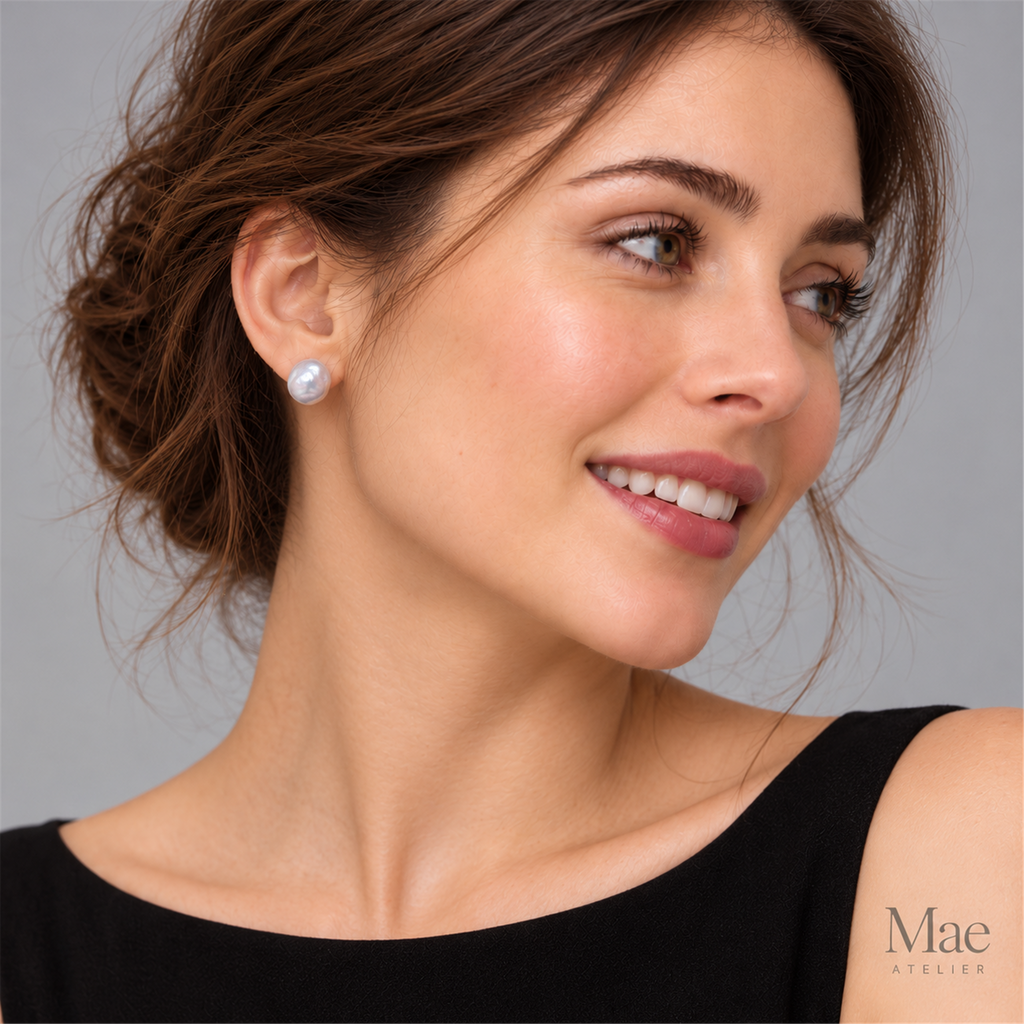 White Keshi Pearl Stud Earrings, Freshwater Baroque Pearls, S925 Sterling Silver, Bridal Jewelry — model wearing the jewelry