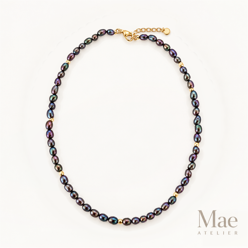 Purple Peacock Freshwater Pearl Choker, Dainty Rice Pearls, Gold Accent Beads, Gift for Her — hero view
