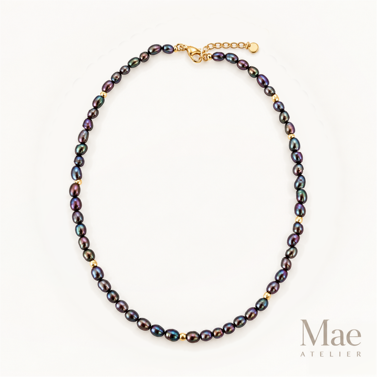 Purple Peacock Freshwater Pearl Choker, Dainty Rice Pearls, Gold Accent Beads, Gift for Her — hero view