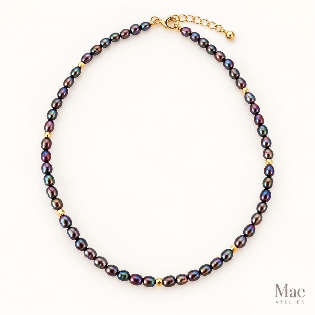 Purple Peacock Freshwater Pearl Choker, Dainty Rice Pearls, Gold Accent Beads, Gift for Her — full product view
