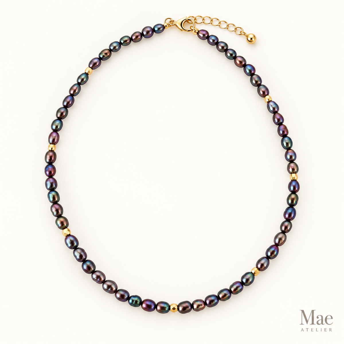 Purple Peacock Freshwater Pearl Choker, Dainty Rice Pearls, Gold Accent Beads, Gift for Her — full product view