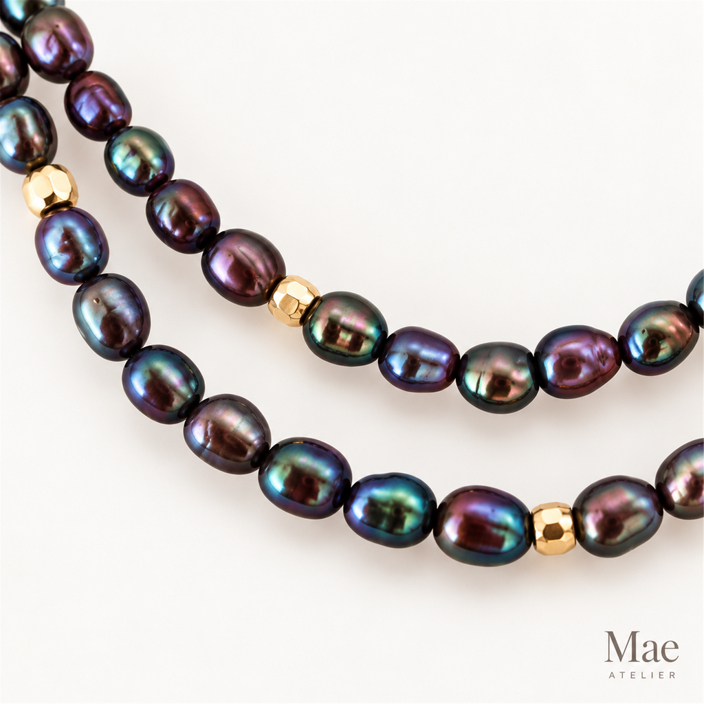 Purple Peacock Freshwater Pearl Choker, Dainty Rice Pearls, Gold Accent Beads, Gift for Her — pearl detail