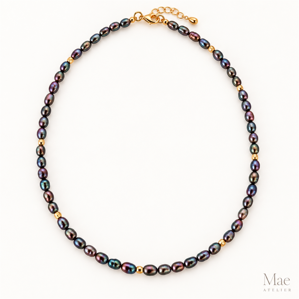Purple Peacock Freshwater Pearl Choker, Dainty Rice Pearls, Gold Accent Beads, Gift for Her — alternate angle