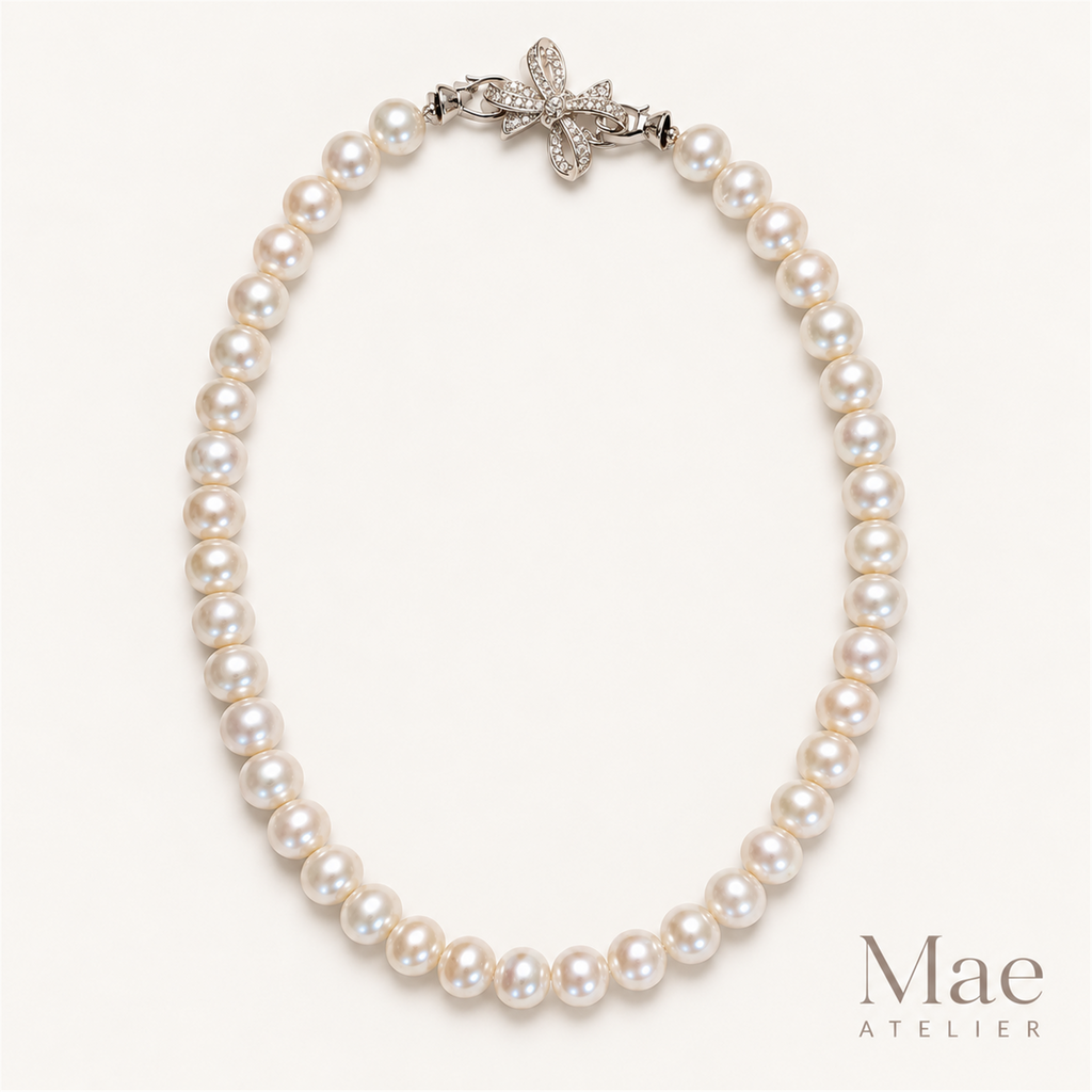 Large Freshwater Pearl Necklace, 9-11.5mm High Luster, Crystal Bow Clasp — full product view