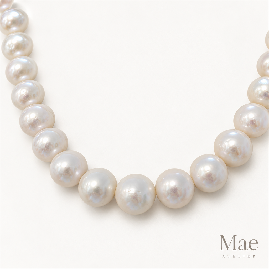 Large Freshwater Pearl Necklace, 9-11.5mm High Luster, Crystal Bow Clasp — pearl detail