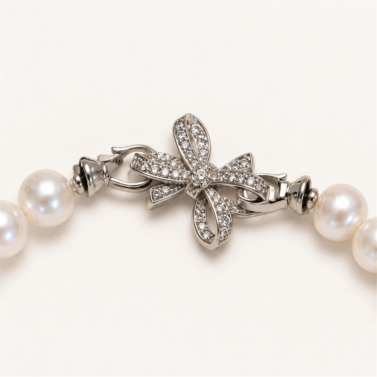 Large Freshwater Pearl Necklace, 9-11.5mm High Luster, Crystal Bow Clasp — hardware detail